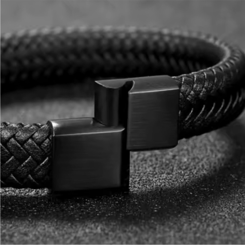 Men's Black Braided Leather Bracelet - Picture 5 of 10